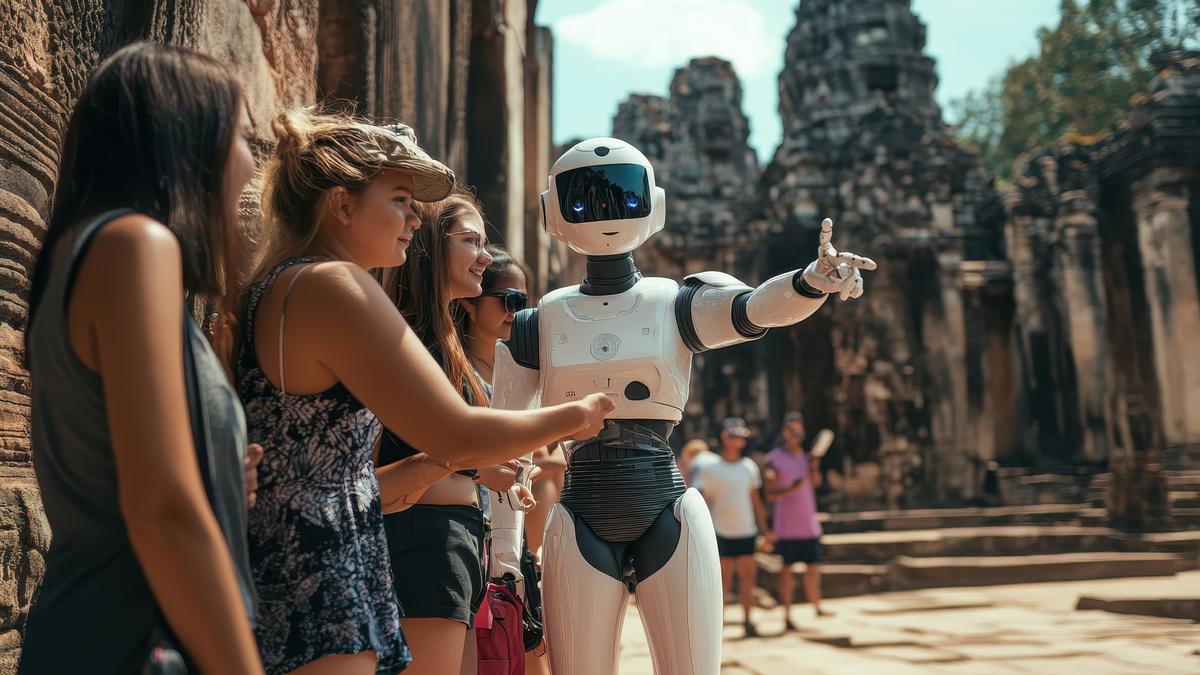 Un robot con IA hace labores de guía turístico para un grupo de viajeras.