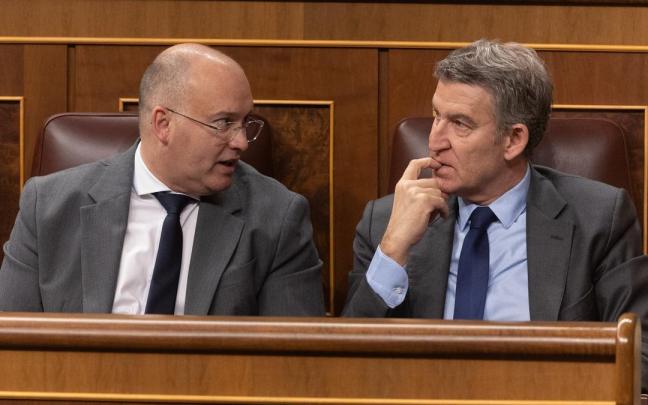 El portavoz del Grupo Popular en el Congreso, Miguel Tellado, y el presidente del PP, Alberto Núñez Feijóo, en una foto de archivo.