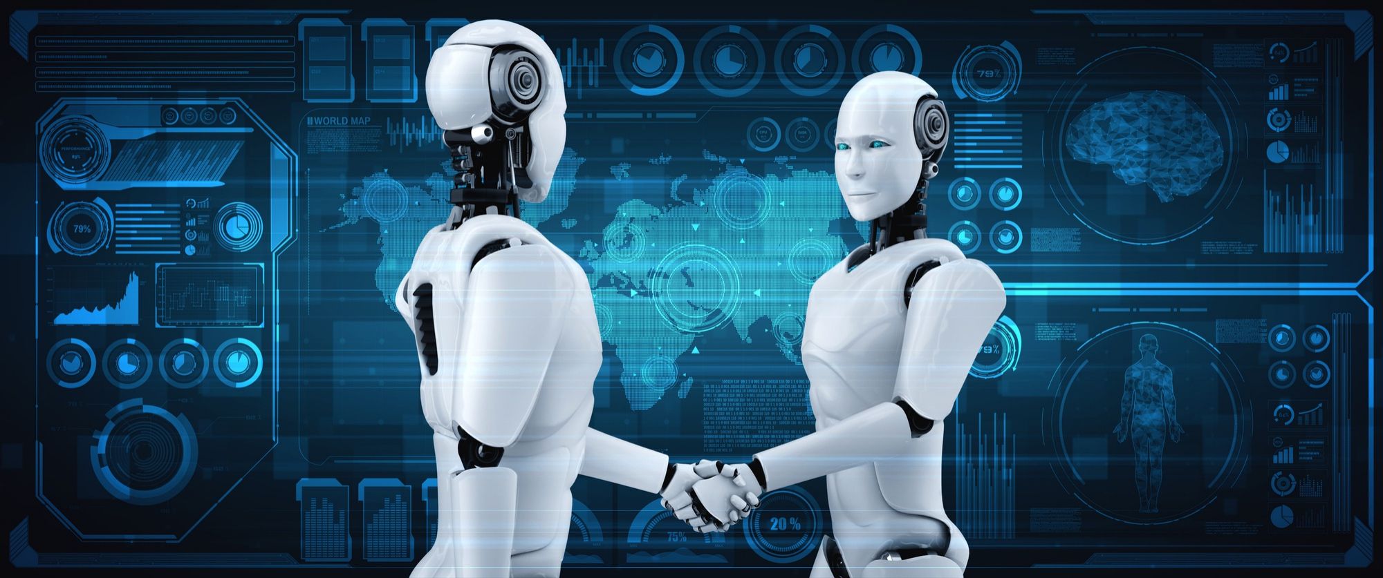 Dos robots androides se estrechan la mano.