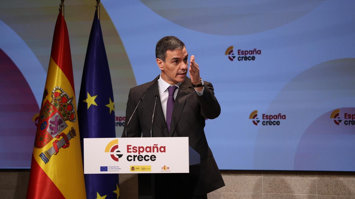 El presidente del Gobierno, Pedro Sánchez, interviene durante el acto de clausura de la presentación del nuevo fondo ‘España Crece’.
