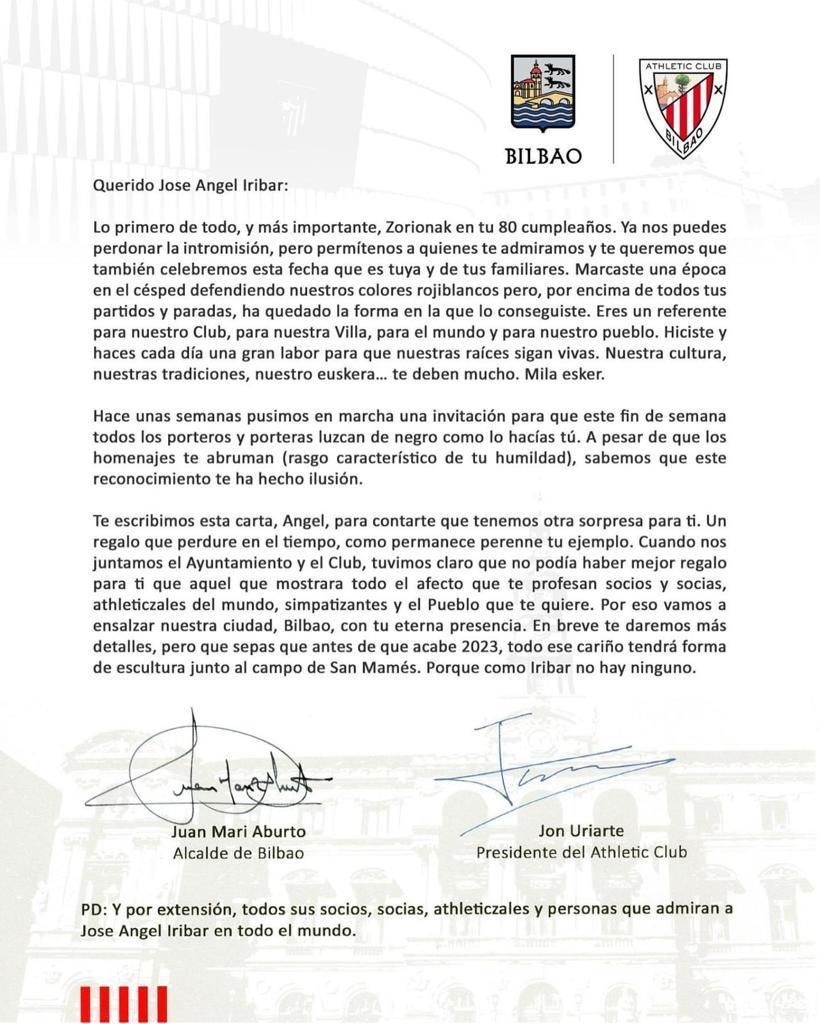 Carta firmada por Juan Mari Aburto, alcalde de Bilbao, y Jon Uriarte, presidente del Athletic