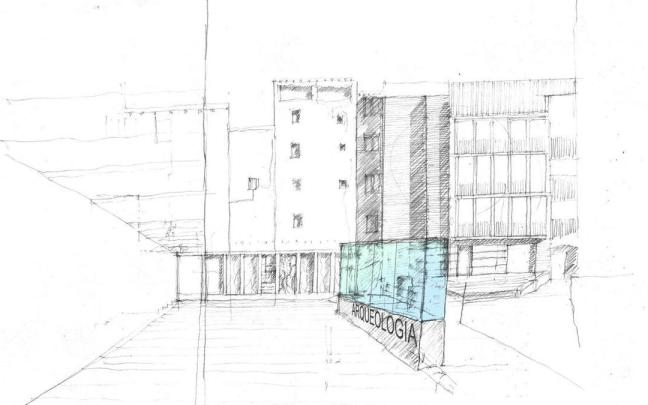 Dibujo de cómo podrá quedar la plaza de Coscolín con la construcción de la urna con los restos arqueológicos en el centro