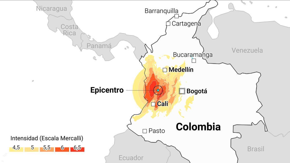 Mapa con localización del terremoto en Colombia