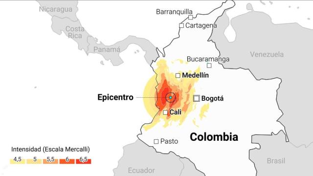 Mapa con localización del terremoto en Colombia