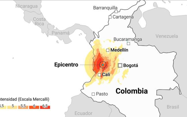 Mapa con localización del terremoto en Colombia
