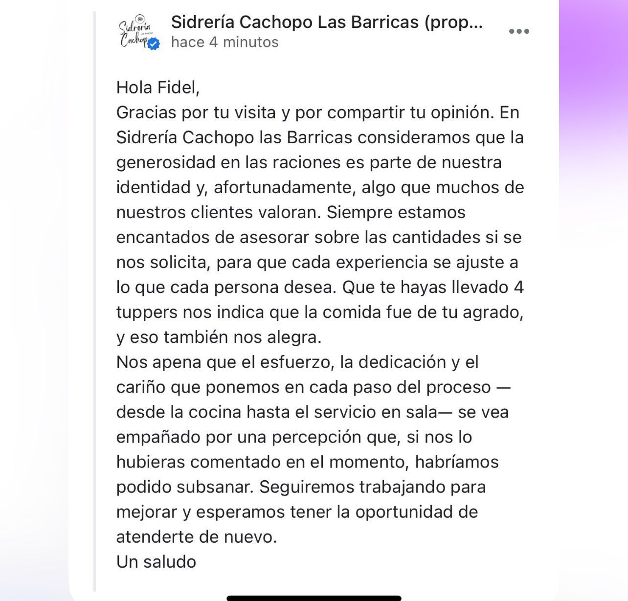 La respuesta del restaurante.