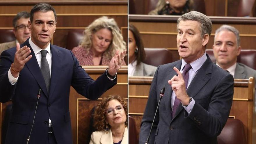 El presidente del Gobierno, Pedro Sánchez, y el presidente del PP, Alberto Núñez Feijóo, en el Congreso.