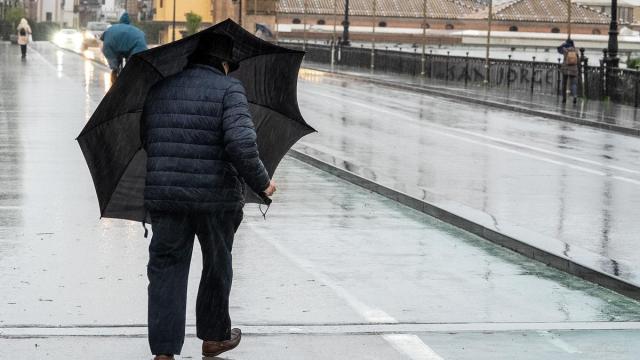 Un hombre hace frente al viento con un paraguas.