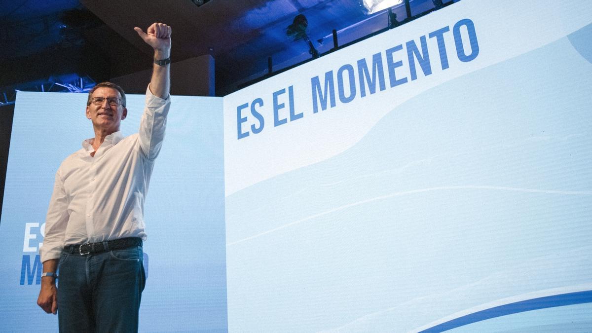 El candidato del PP, Alberto Núñez Feijóo, en un acto el domingo de los ‘populares’.