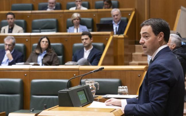 El lehendakari Imanol Pradales durante una de sus respuestas a las preguntas de los grupos en el pleno de control del Parlamento Vasco