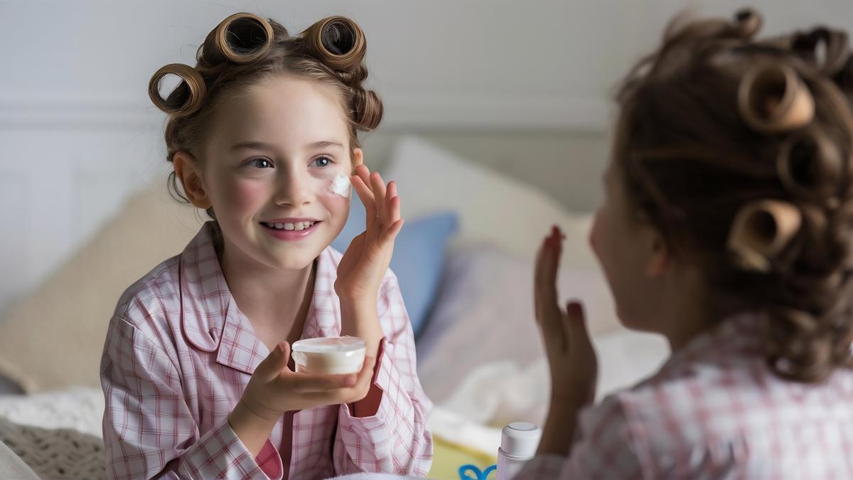 Una niña pequeña aplicándose cremas a la cara.