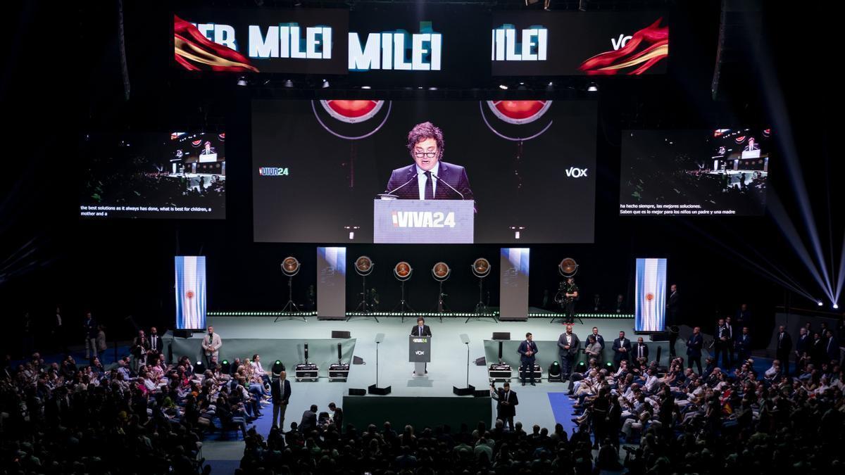 El presidente argentino, Javier Milei, durante su intervención en la convención de Vox.