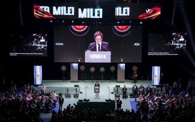 El presidente argentino, Javier Milei, durante su intervención en la convención de Vox.