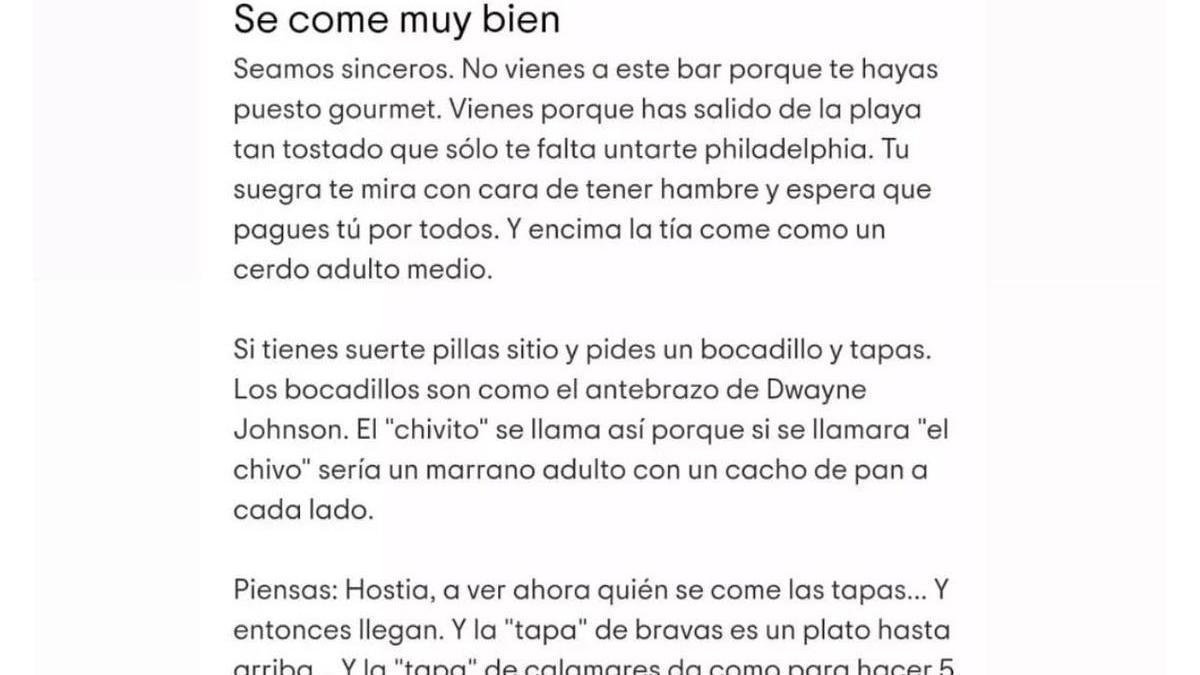 La divertida reseña que ha publicado el perfil 'Soy Camarero'