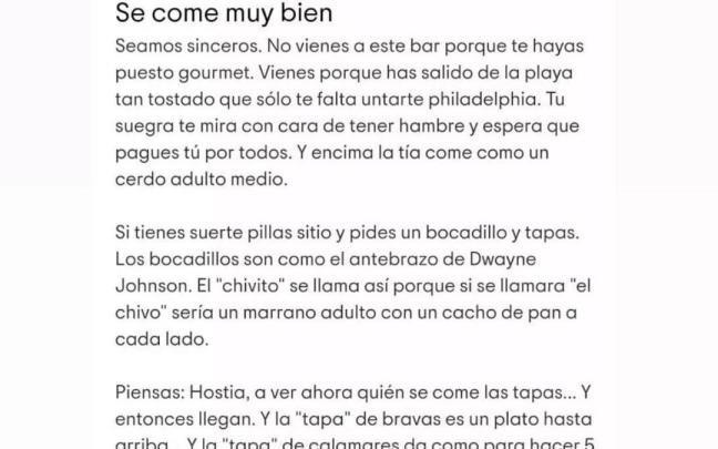 La divertida reseña que ha publicado el perfil 'Soy Camarero'
