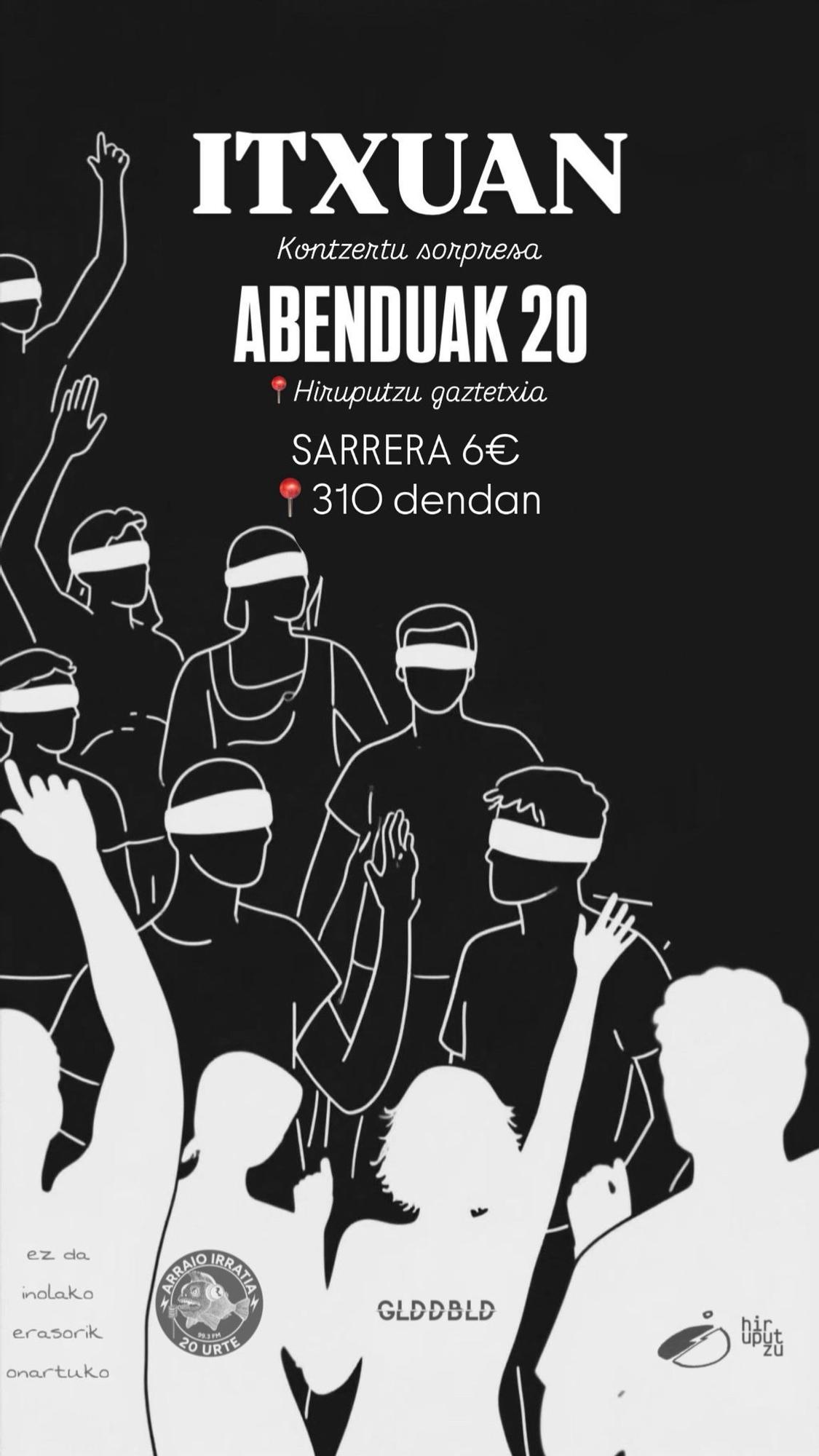 Cartel del segundo concierto de Itxuan Kontzertu sorpresa, este sábado en el Gaztetxe de Zarautz.