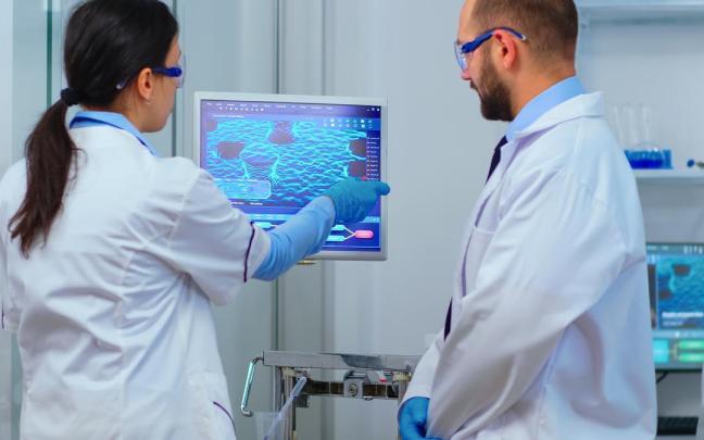 Dos médicos miran una pantalla de ordenador.