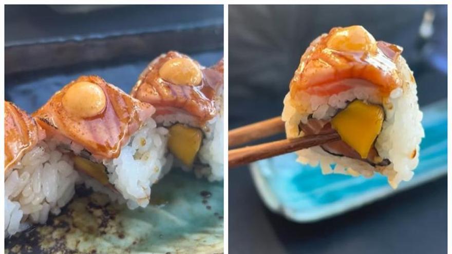 Uramaki sake de salmón, mango y spice mayo del restaurante Eskura (Bermeo)