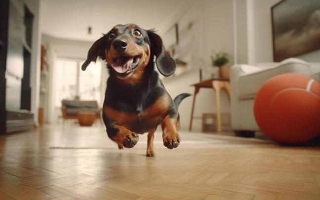 Un teckel corre y juega en el salón de su casa.