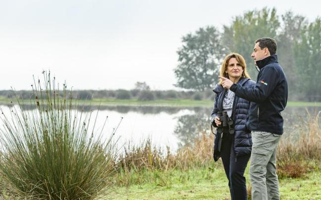 El presidente andaluz, Juanma Moreno y la ministra para la Transición Ecológica y el Reto Demográfico, Teresa Ribera, durante su visita a Doñana. El presidente andaluz, Juanma Moreno y la ministra para la Transición Ecológica y el Reto Demográfico, Teresa Ribera, durante su visita a Doñana.