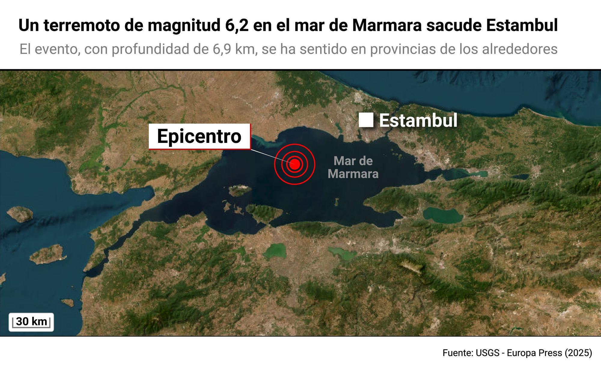 Mapa con epicentro del terremoto en Estambul.
