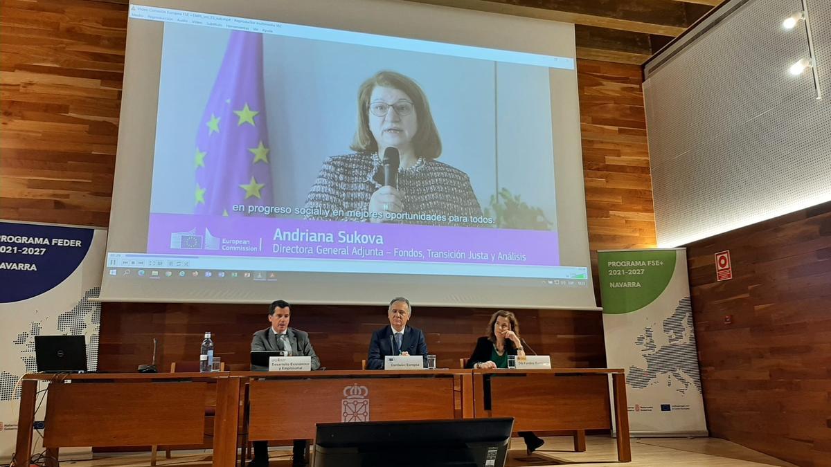 Mikel Irujo, consejero de Desarrollo Económico y Empresarial del Gobierno de Navarra; Vicente Rodríguez Sáez, jefe de unidad de España y Portugal de la Comisión Europea; y Esperanza Samblás, directora general de Fondos del Ministerio de Hacienda del Gobierno de España, durante la presentación del vídeo de Adriana Sukova, directora general adjunta de Empleo, Asuntos Sociales, e Inclusión de la Comisión Europea.