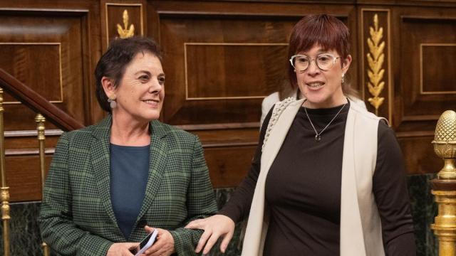 La portavoz de EH Bildu en el Congreso, Mertxe Aizpurua (i) y la diputada de Compromís Àgueda Micó (d), a su llegada a una sesión plenaria en el Congreso.