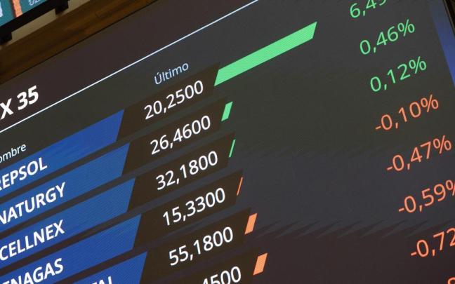 Paneles informativos en el Palacio de la Bolsa de Madrid.