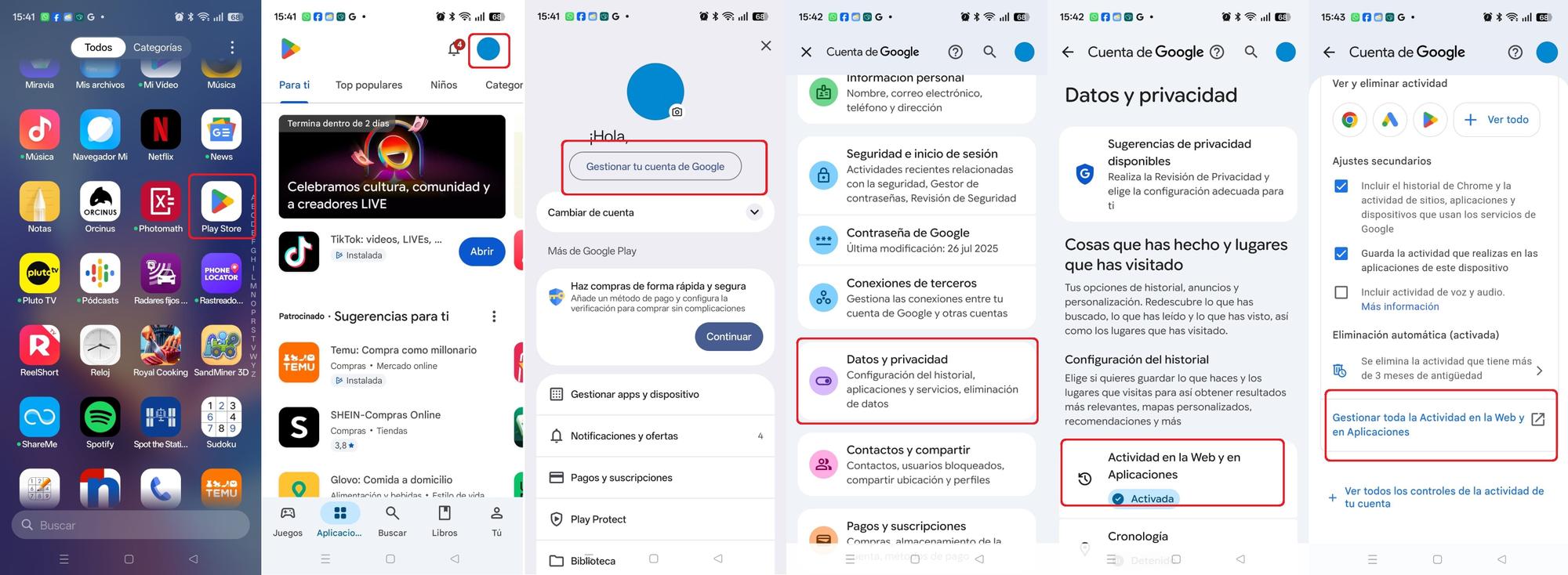 Combo de los primeros pasos para borrar el archivo de navegación en Google.