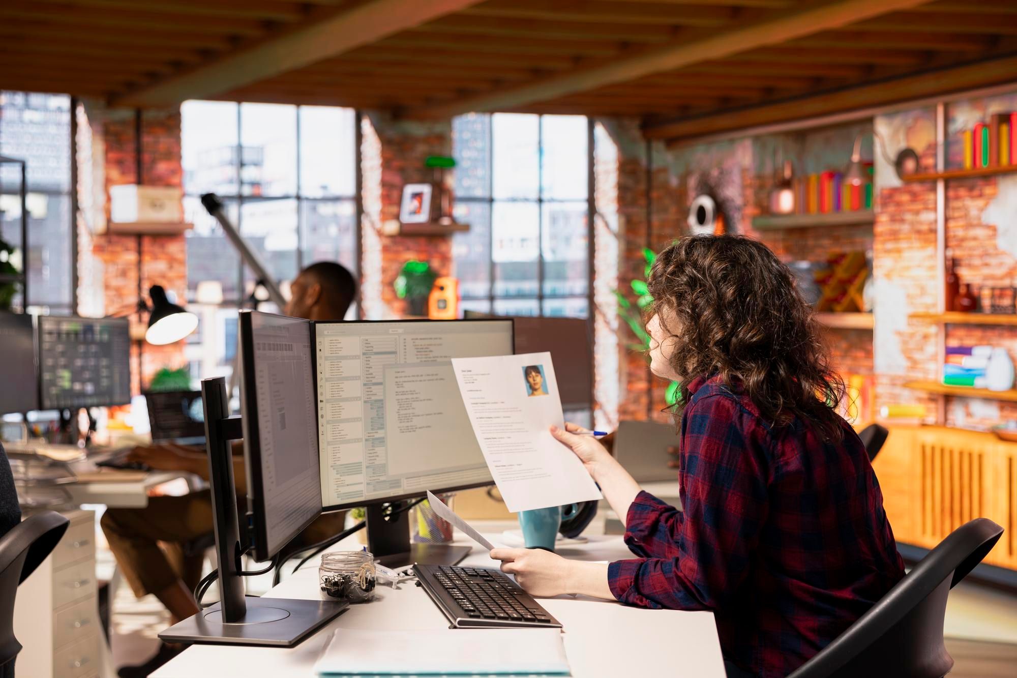 Una empleada de Recursos Humanos de una empresa revista un CV.