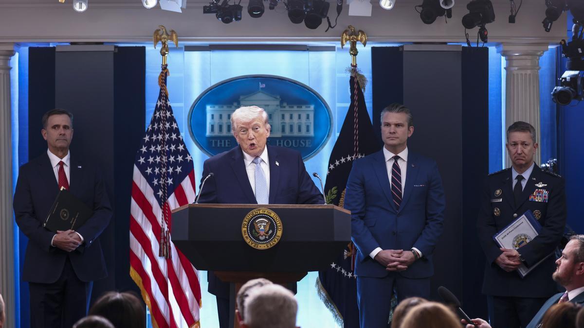 Donald Trump durante su rueda de prensa de este lunes 6 de abril.