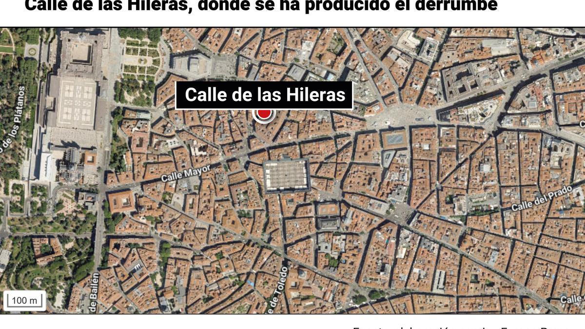 Mapa de localización del derrumbe del edificio en la calle Hileras de Madrid.