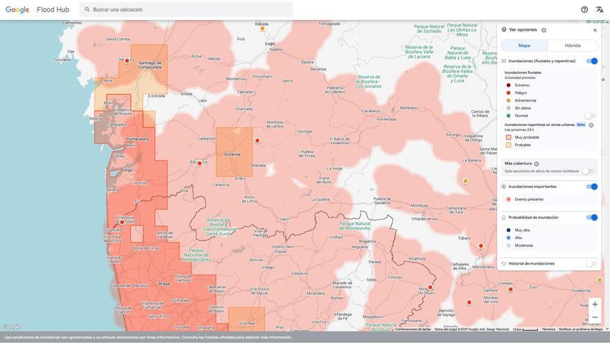 Vista en la versión para PC de la situación en la costa del sur de Galicia y el norte de Portugal y que indica los riesgos de inundación el pasado jueves..