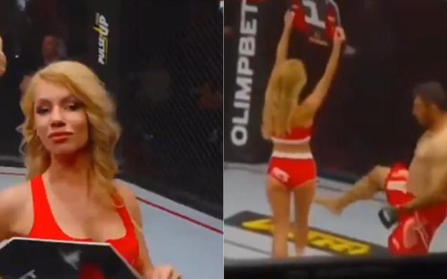 A la izquierda la 'ring-girl' agredida. A la derecha, el momento de la patada.