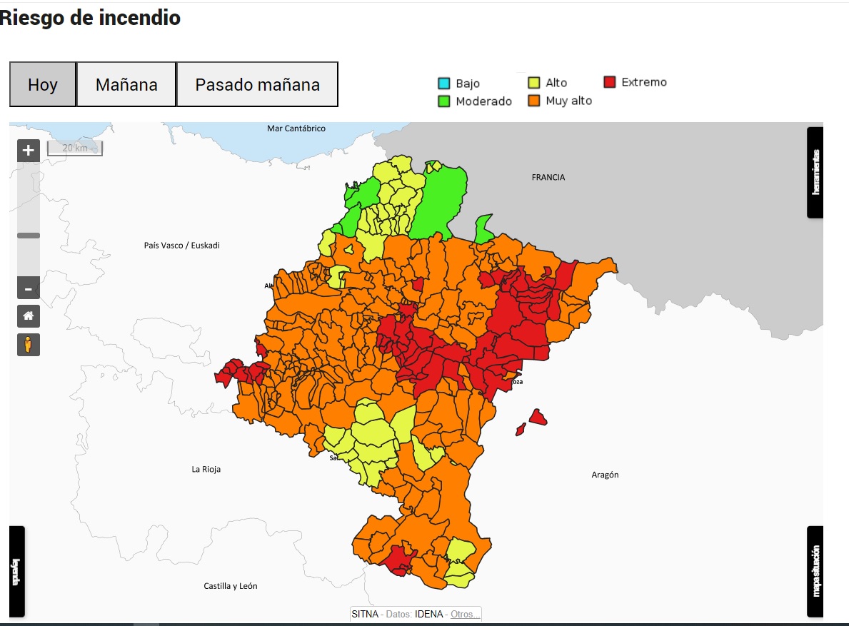 Mapa indicativo de riesgo de incendios. Imagen: Gobierno de Navarra