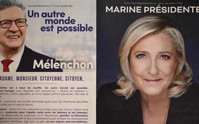 Jean Luc Mélenchon y Marine Le Pen en carteles electorales en 2022
