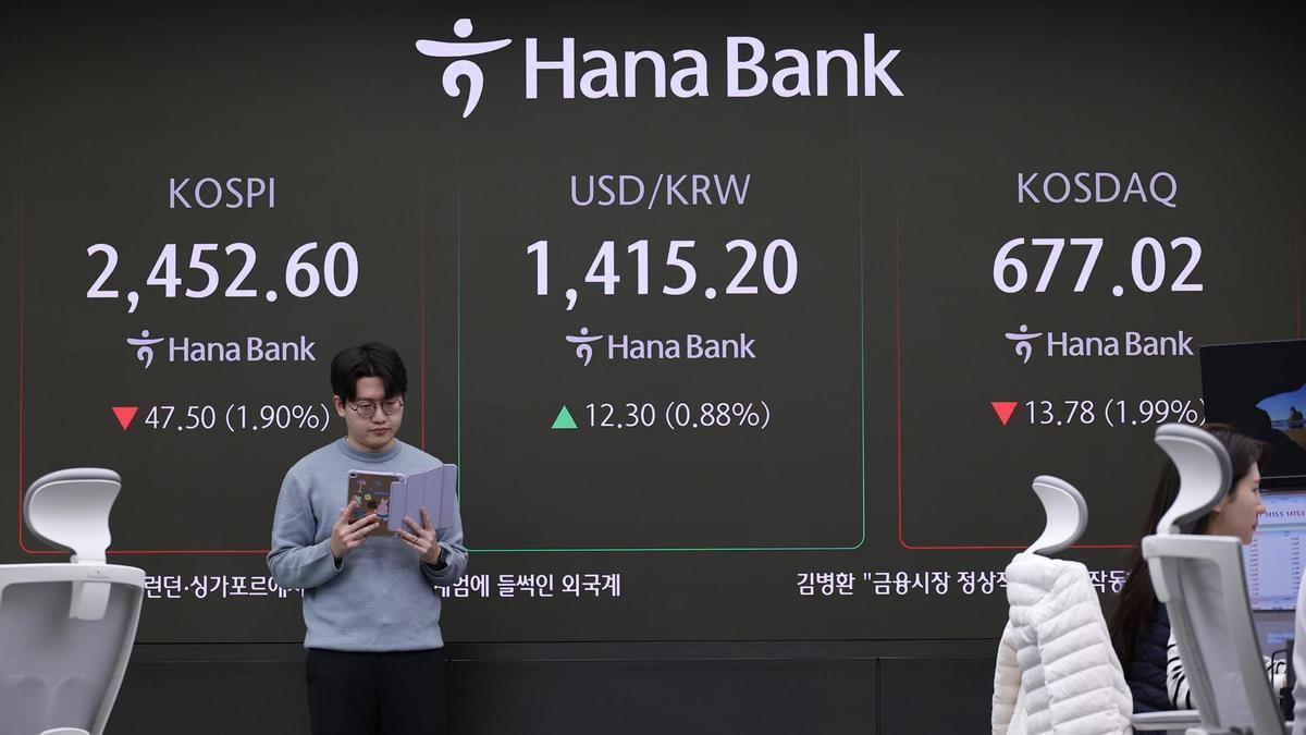 Una pantalla en un banco de Corea del Sur muestra el índice Kospi, la cotización del won respecto del dólar y el índice Kosdaq.