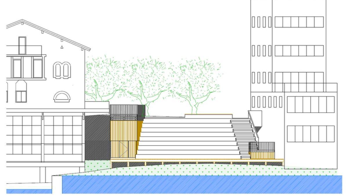 Plano del fututo desarollo de la zona, con las gradas que conectarán Plaza Zaharra y la ribera del río Deba.