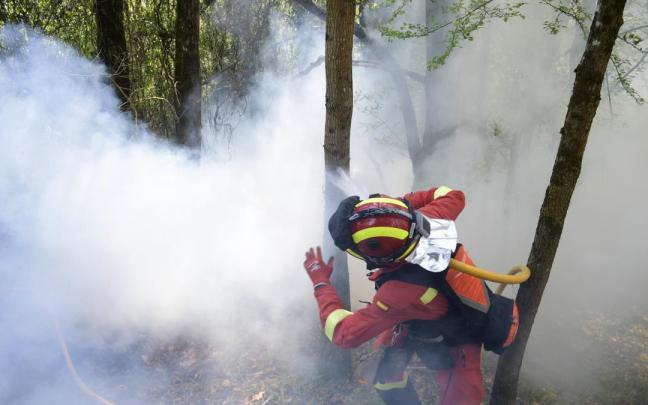 Un bombero lucha contra las llamas en Las Regueras, en las cercanías de Oviedo.