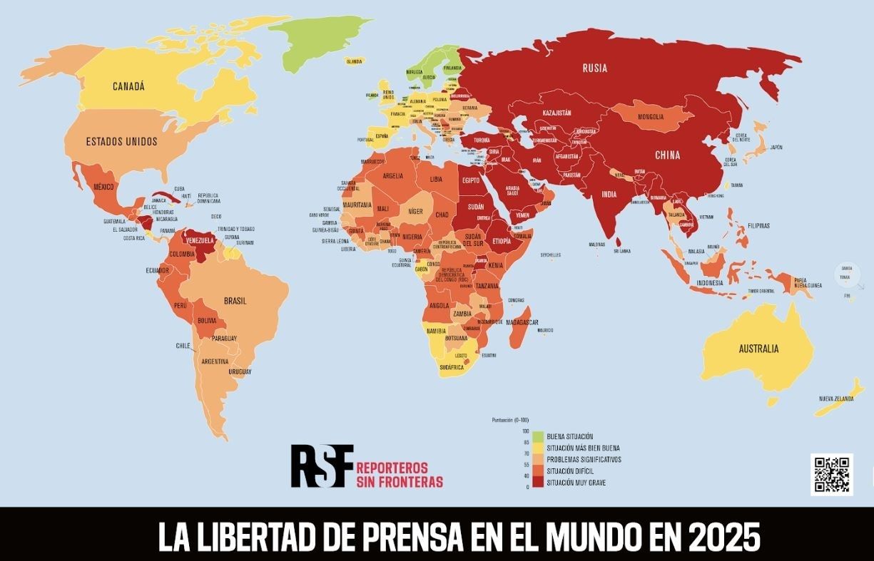 Mapa sobre la Clasificación Mundial de la Libertad de Prensa 2023 por parte de Reporteros Sin Fronteras.