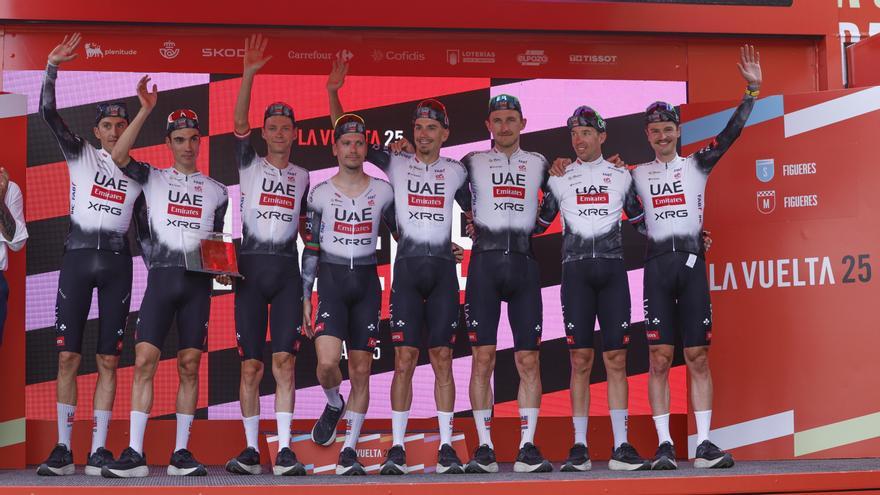 El UAE posa en el podio tras ganar la etapa.