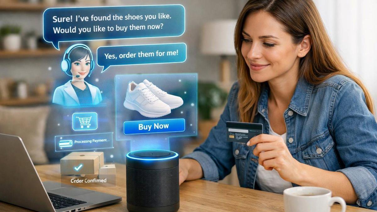 Una persona hace una compra online ayudada por un asistente de IA