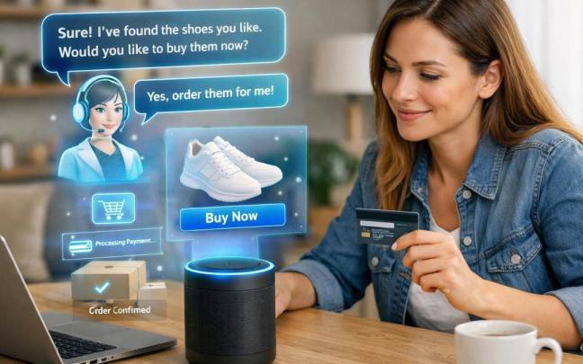 Una persona hace una compra online ayudada por un asistente de IA