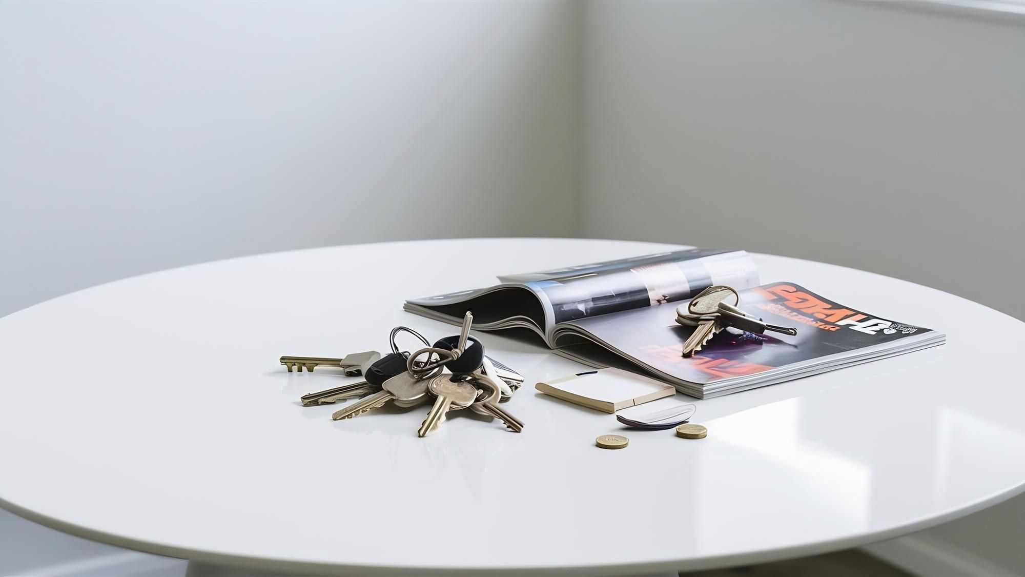 Monedas, llaves y una revista sobre una mesa.