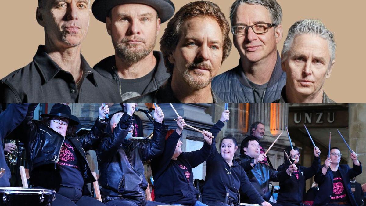 Pearl Jam, en la mitad superior de la imagen, y Motxila 21, el grupo navarro que compartirá cartel con la mítica banda de Seattle.