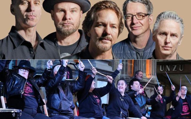 Pearl Jam, en la mitad superior de la imagen, y Motxila 21, el grupo navarro que compartirá cartel con la mítica banda de Seattle.