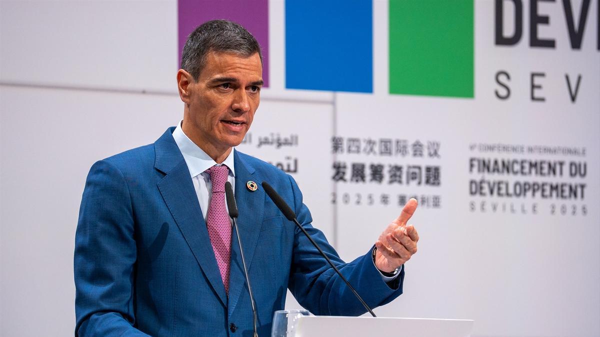 El presidente del Gobierno español, Pedro Sánchez, durante una intervención en la IV Conferencia Internacional sobre la Financiación para el Desarrollo de Naciones Unidas.