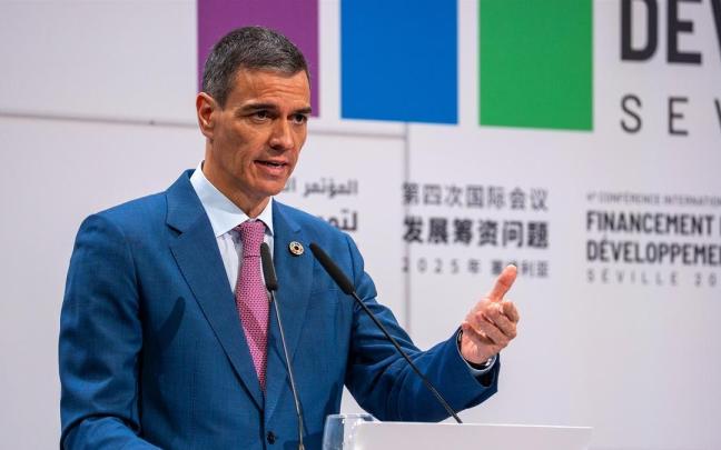 El presidente del Gobierno español, Pedro Sánchez, durante una intervención en la IV Conferencia Internacional sobre la Financiación para el Desarrollo de Naciones Unidas. / EP El presidente del Gobierno español, Pedro Sánchez, durante una intervención en la IV Conferencia Internacional sobre la Financiación para el Desarrollo de Naciones Unidas.