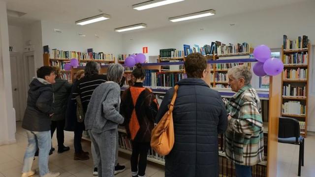 Zona en la biblioteca con libros de temática feminista.