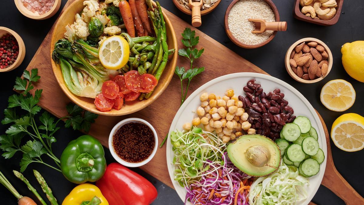 Alimentos variados de una dieta vegetariana.